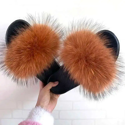 Real Raccoon Fur Slippers for Women 2023 Summer Fluffy Indoor Home Fuzzy Flat Slides Outdoor Fashion Beach Sandals Flip Flops