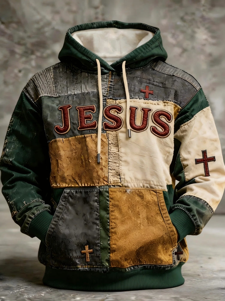 Mens Multi Color Patchwork Hoodie Soft Lined Raised Embroidery Slogan Small Cross Accent Minimal Casual Sweat Top