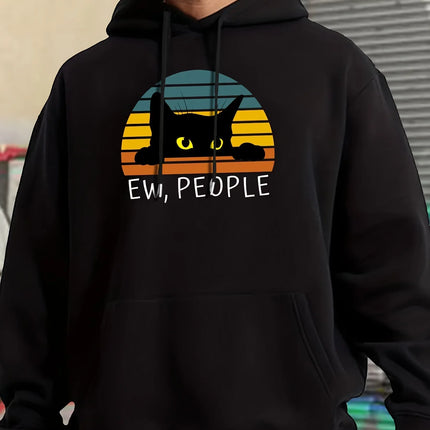 Cat ew people print casual fashion college style hooded sweatshirt with autumn and winter velvet suitable for men and women
