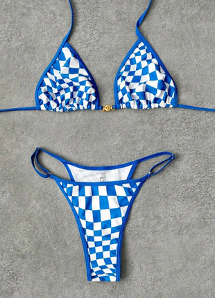 Costume da bagno sexy 2026 Nuovo micro bikini donna costumi da bagno scozzesi anello dorato gamba alta costume da bagno a due pezzi con spalline costumi da bagno Biquini