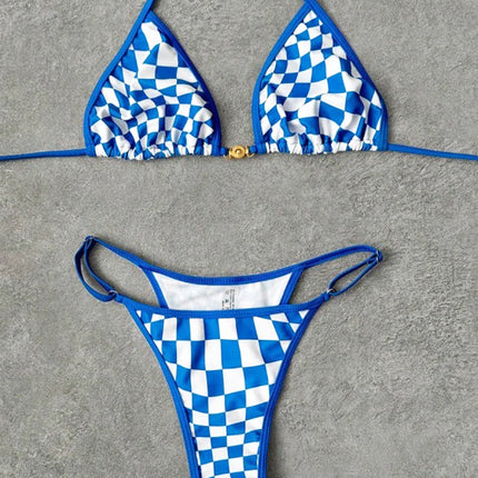 Costume da bagno sexy 2026 Nuovo micro bikini donna costumi da bagno scozzesi anello dorato gamba alta costume da bagno a due pezzi con spalline costumi da bagno Biquini