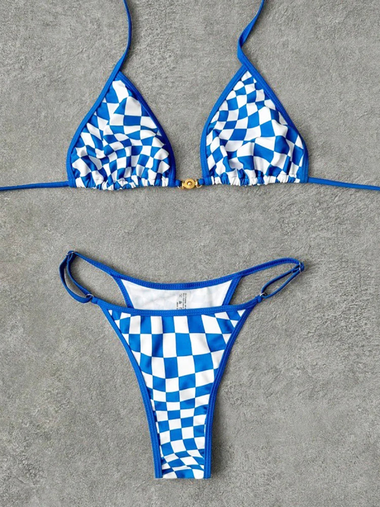 Costume da bagno sexy 2026 Nuovo micro bikini donna costumi da bagno scozzesi anello dorato gamba alta costume da bagno a due pezzi con spalline costumi da bagno Biquini