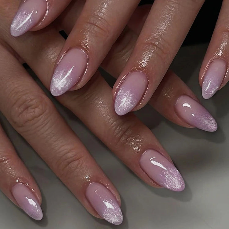 24Pcs Medium Almond Nude‑Pink 3D Textured Metallic Cat‑Eye French Sheer Press‑On False Nails For Nail Art Decor