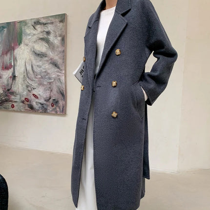 Ladies' 100% Cashmere Thick Double-Sided Extended Coat, Classic, Versatile and Fashionable for Business and Leisure