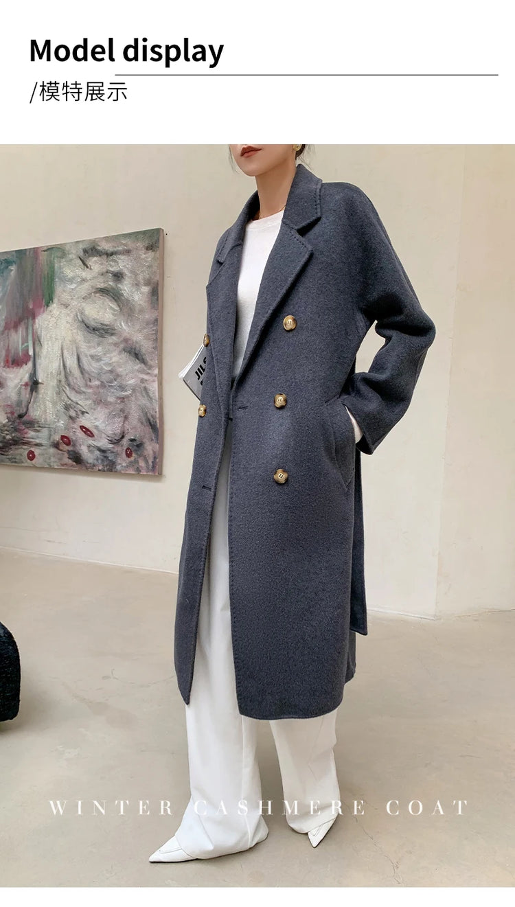 Ladies' 100% Cashmere Thick Double-Sided Extended Coat, Classic, Versatile and Fashionable for Business and Leisure