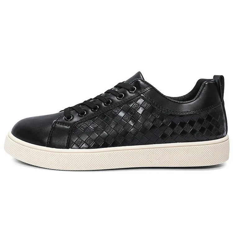 Men Woven Faux Leather Lace‑Up Skate Sneakers Low Top Flat Casual Shoes Retro Stitching Splicing Daily Outdoor Commuter Footwear