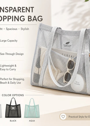 Borsa tote da donna in rete trasparente, borsa a tracolla portatile alla moda multifunzionale per lo shopping, viaggi, spiaggia estiva