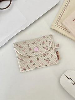 Cute Floral Coin Purse Mini Wallet Card Organizer Small Square Corduroy Bag for Student Bus Bank ID Credit Cards