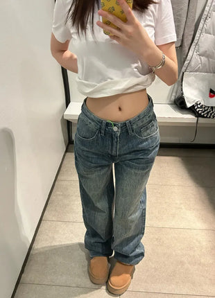 Jeans Baggy Y2K da Donna a Vita Bassa, Gamba Larga, in Denim Lavato Vintage, Pantaloni Larghi Streetwear con Dettaglio Unico Tasca Posteriore
