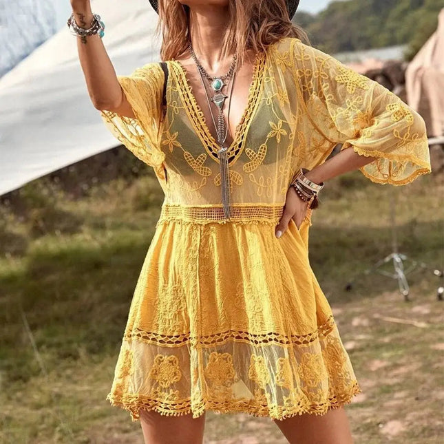 Abito Estivo da Spiaggia con Scollo a V, Protezione Solare, Casual, Copricostume in Pizzo per Donna platinumshop