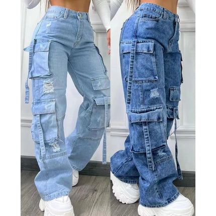 Jeans multitasche a vita alta da donna 2025 Nuovi pantaloni cargo versatili di grandi dimensioni in tinta unita alla moda