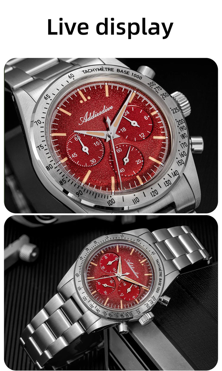 ADDIESDIVE Chronograph Watch For Men 10Bar Waterproof 316L Stainless Steel 0S20 C3 Vintage Luminous Luxury  Quartz Watch AD2552