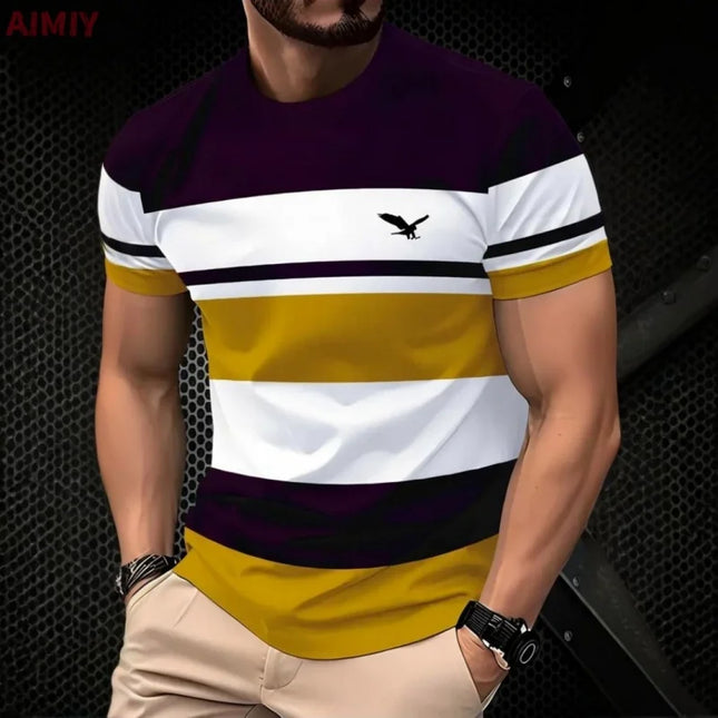 T-shirt homme à motif géométrique rayé imprimé en 3D T-shirt graphique à épissure de couleur Été décontracté Sport Manches courtes Col rond Tees Top