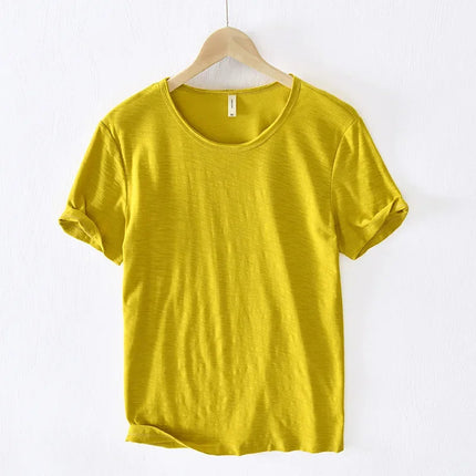 Retro Raw Edge T-Shirt for Men, 100% Cotton, Lightweight,Breathable,Slim-fit, Monochromatic, O-Neck, Casual Basic Top PlatiNum