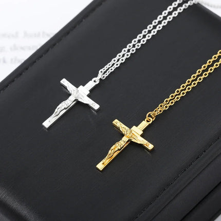 Christian Jesus Cross Necklace For Women Men Stainless Steel Chains Choker Religion Cross Pendants Jewelry Prayer Baptism Gifts PlatiNum