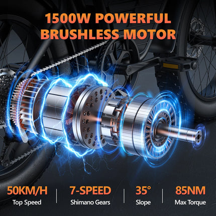 Bicicletta Elettrica KICKWEY K7 Peak 1500W 48V 18.2Ah con Pneumatici Larghi Fuoristrada 20x4.0, Cambio a 7 Velocità, Consegna Rapida, Velocità Massima di 55 Km/h e Autonomia di 100 Km