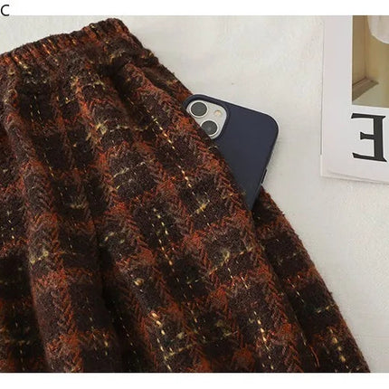 Art Mori Girls Woolen Skirts New 2025 Autumn Winter Basics Woman Cute Sweet Japanese Preppy Style Retro Vintage Long Plaid Skirt PlatiNum