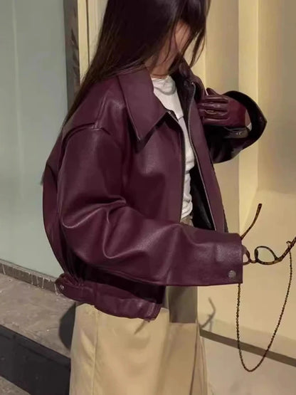 2025 New Fashion PU Leater Loose Jacket Women Autumn Lapel Zipper Long Sleeve Outerwears Streetwear Burgundy Female Bomber Coats