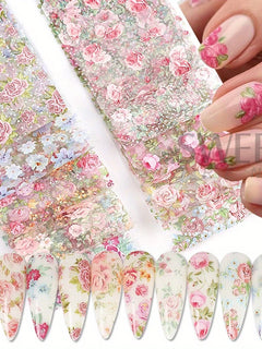 10PCS Mixed Nail Art Foils Transfer Sticker Set Rose Flower Designs Floral Starry Sky Nail Wraps Wedding Summer Manicure Decor