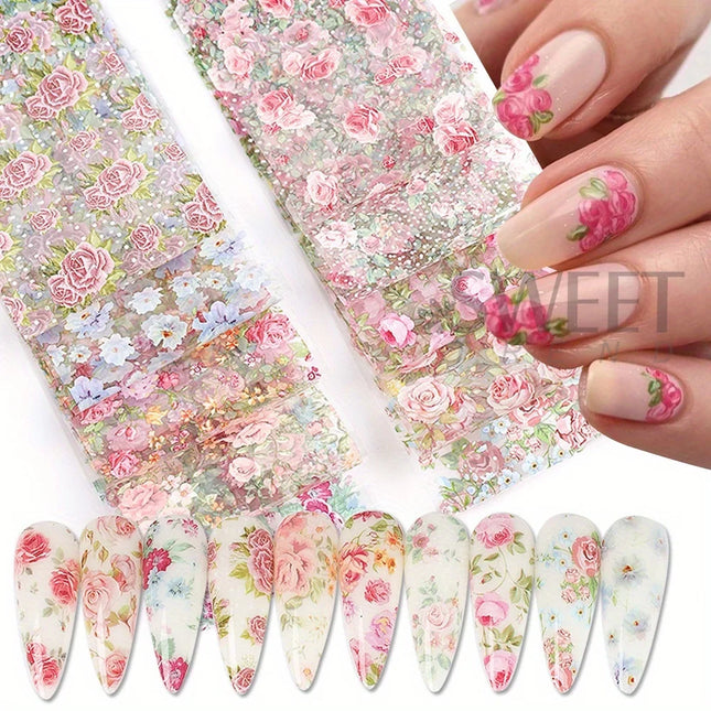 10PCS Mixed Nail Art Foils Transfer Sticker Set Rose Flower Designs Floral Starry Sky Nail Wraps Wedding Summer Manicure Decor