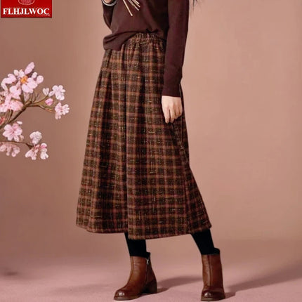 Art Mori Girls Woolen Skirts New 2025 Autumn Winter Basics Woman Cute Sweet Japanese Preppy Style Retro Vintage Long Plaid Skirt PlatiNum