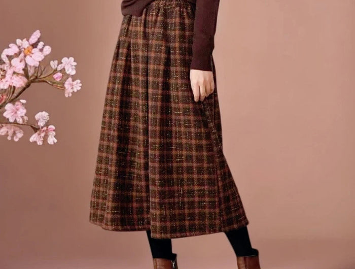 Art Mori Girls Woolen Skirts New 2025 Autumn Winter Basics Woman Cute Sweet Japanese Preppy Style Retro Vintage Long Plaid Skirt PlatiNum