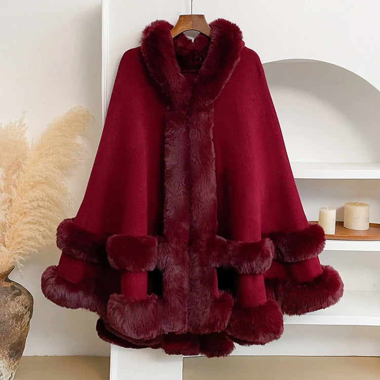 Luxury Women Faux Fur Trim Cape Coat Loose Batwing Poncho Shawl Fuzzy Fur Edge Warm Winter Outerwear Party Street Lady Coats