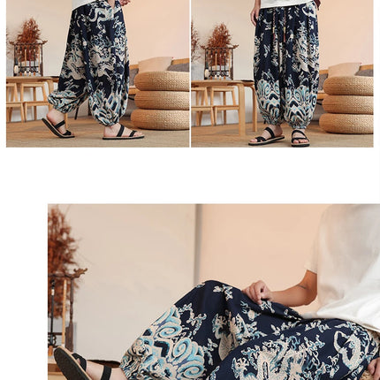Vendite calde Pantaloni da uomo in cotone comodi pantaloni da spiaggia larghi stampa casual Harem elegante abbigliamento estivo pantaloni larghi giapponesi sottili