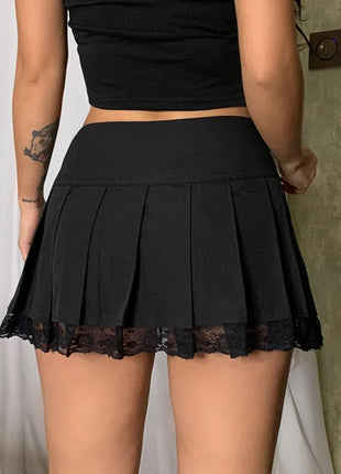 Gonna a pieghe retrò da ragazza con lacci a vita alta con cuciture a rete scozzese Orlo Y2K Minigonne nere gotiche estetiche aderenti