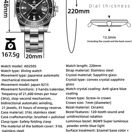 ADDIESDIVE Men Fashion Diving Mechanical Watch, Sapphire Crystal 20Bar Ceramic Bezel Super Luminous Stainless Steel Personalized