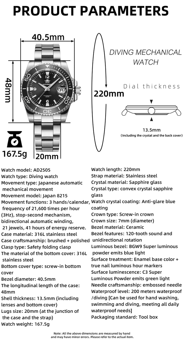 ADDIESDIVE Men Fashion Diving Mechanical Watch, Sapphire Crystal 20Bar Ceramic Bezel Super Luminous Stainless Steel Personalized