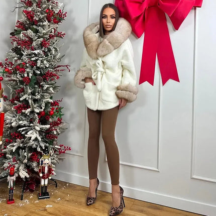 Casual Patchwork Faux Fur Collar Women's Coat Lace Up Pockets Thicken Lady Coats 2026 Autumn Winter Female Street Outerwear
