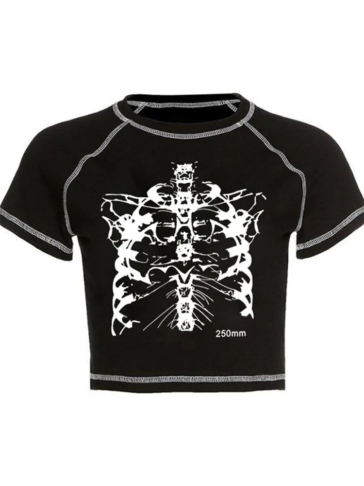 Y2K nero dolce ragazza slim stampa teschio divertente grafica vintage vestiti crop top E-girl