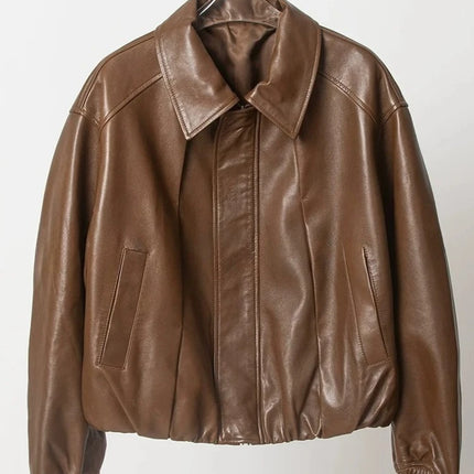 Soft Sheepskin Genuine Leather Cropped Jacket Women Lapel Zip Up Snap Button Side Pockets Casual Autumn Real Leather Outerwear