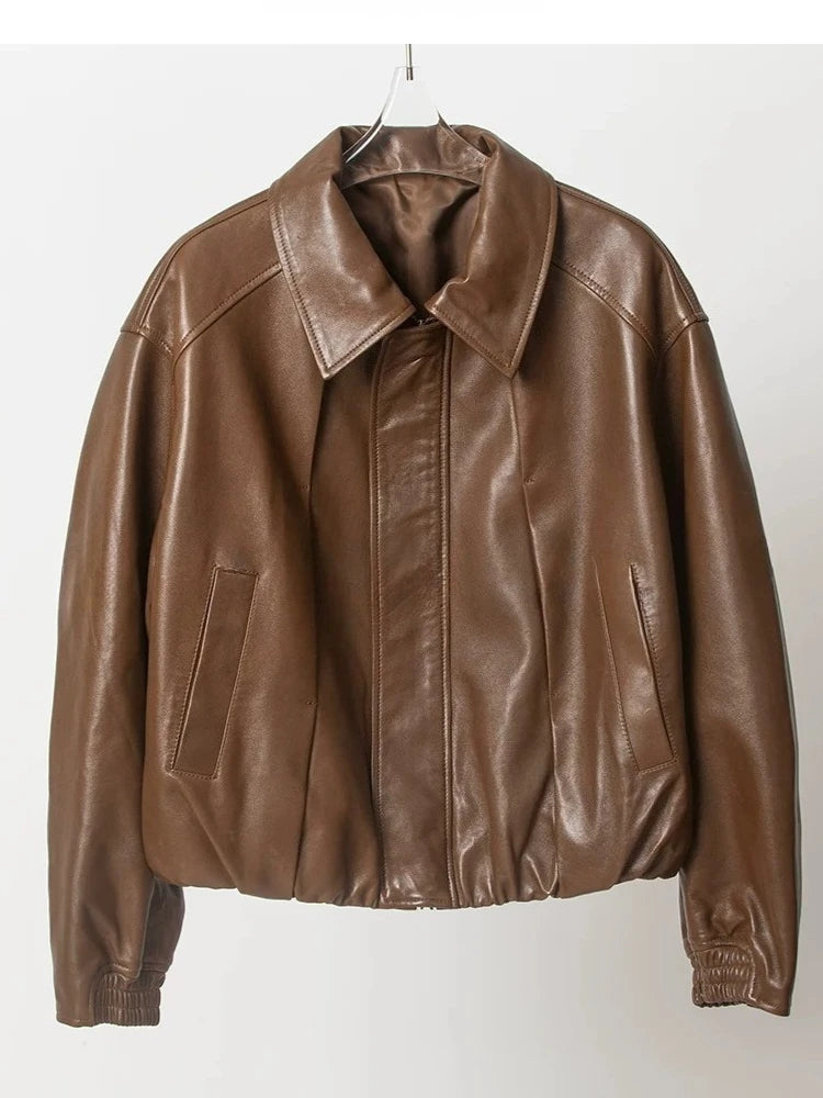Soft Sheepskin Genuine Leather Cropped Jacket Women Lapel Zip Up Snap Button Side Pockets Casual Autumn Real Leather Outerwear