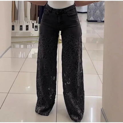 Jeans a Vita Alta e Gamba Larga, Pantaloni Estivi alla Moda con Inserti in Pizzo, Jeans in Denim Traforato e Drappeggiato, Jeans da Donna in Cotone con Cerniera per Primavera