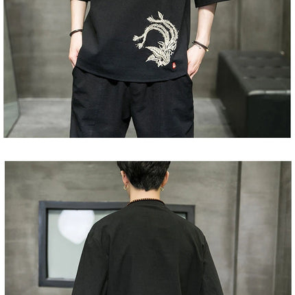 Ricamo Phoenix camicie a maniche corte uomo stile cinese cotone lino Cardigan retrò Mens tradizionale Kung Fu Tai Chi Casual Top