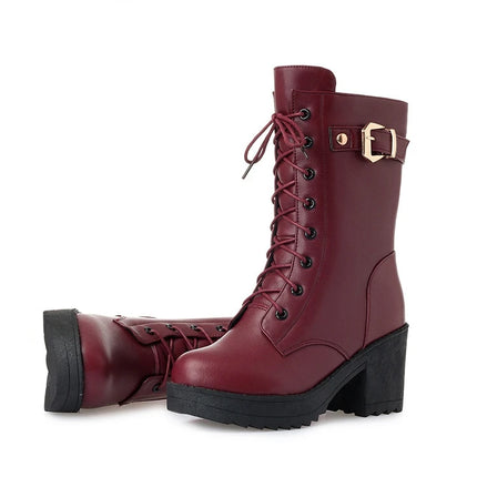 WOIZGIC Female Mother Ladies Women's Snow Genuine Leather Ankle Shoes Boots Warm Fur Plush Wool Zipper Lace Motorcycle Mid Calf