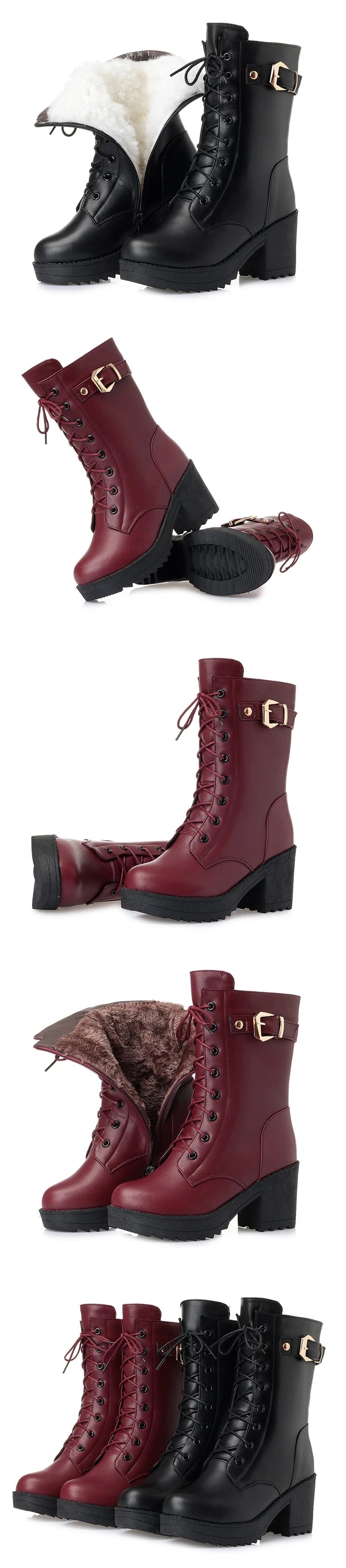 WOIZGIC Female Mother Ladies Women's Snow Genuine Leather Ankle Shoes Boots Warm Fur Plush Wool Zipper Lace Motorcycle Mid Calf