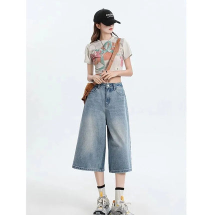 Women's Vintage Wide Leg Denim Capri Pants Shorts Summer New Plus Size Tummy Control Loose Straight Leg Casual Streetwear PlatiNum