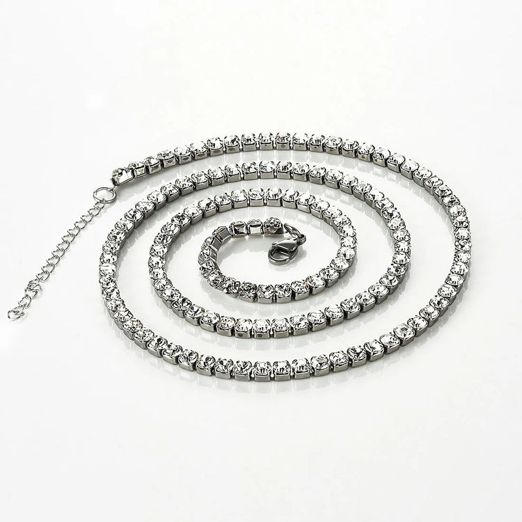 Stainless Steel Shiny Necklace For Men Women Gold Silver Color  Width 2/3/4MM Choker Necklaces With Rhinestones Jewelry Gifts PlatiNum