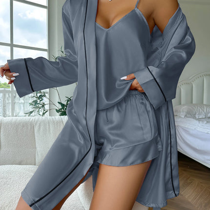 Pigiama semplice in raso con maniche lunghe, abito con cintura, scollo a V, top e pantaloncini, pigiama da donna