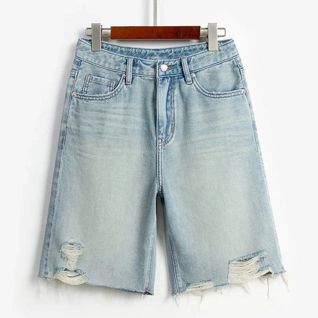 Blue Denim Shorts For Women High-Waisted Loose-Fit Slimming Casual Straight-Leg Mid-Length Summer New Arrival 2024 PlatiNum