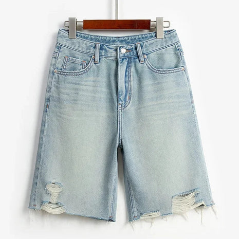 Blue Denim Shorts For Women High-Waisted Loose-Fit Slimming Casual Straight-Leg Mid-Length Summer New Arrival 2024 PlatiNum