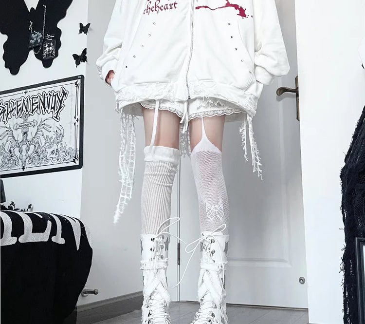 Original Print Subculture Dark Loose Cat Ear Distressed Hooded Sweatshirt Jacket Zip Up Hoodie Oversized Hoodie
