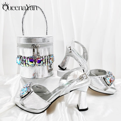 Queena Yan Nigerian-Inspired Rhinestone High Heels With Colourful Bucket Bag Fashionable Womens Footwear And Accessories Set