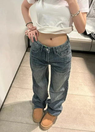 Jeans Baggy Y2K da Donna a Vita Bassa, Gamba Larga, in Denim Lavato Vintage, Pantaloni Larghi Streetwear con Dettaglio Unico Tasca Posteriore