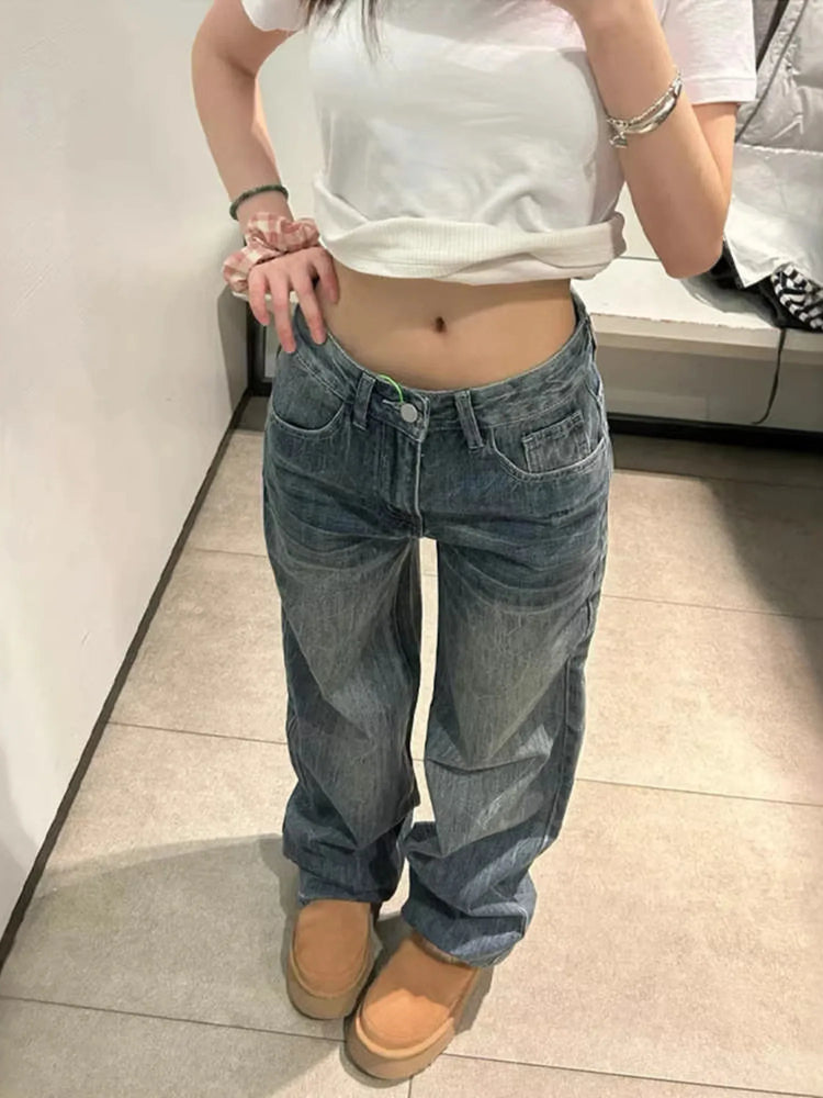 Jeans Baggy Y2K da Donna a Vita Bassa, Gamba Larga, in Denim Lavato Vintage, Pantaloni Larghi Streetwear con Dettaglio Unico Tasca Posteriore
