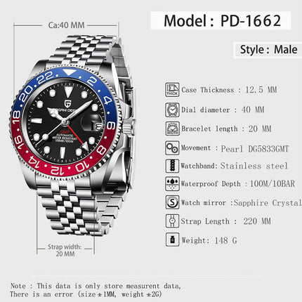 PAGANI DESIGN Pepsi GMT Orologio automatico da uomo 100M impermeabile quadrante nero luminoso cinturino Jubilee in acciaio inossidabile orologi da polso meccanici sportivi di lusso per uomo PD-1662 Relojes Hombres+Confezione