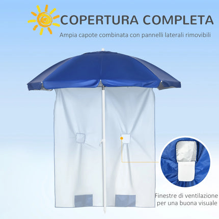 Outsunny Ombrellone da Spiaggia Ø1.9x2 m con Tettuccio Reclinabile a 45°, Tendina Laterale con Finestre e 2 Tasche, Ombrellone da Mare con 8 Stecche e Design a 2 Sezioni in Acciaio e Poliestere, Blu